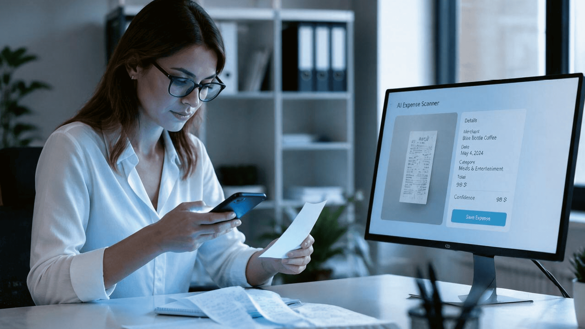 Woman scans receipt with smartphone and computer in modern office.