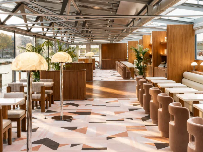 Stylish restaurant with modern interior design and panoramic view.