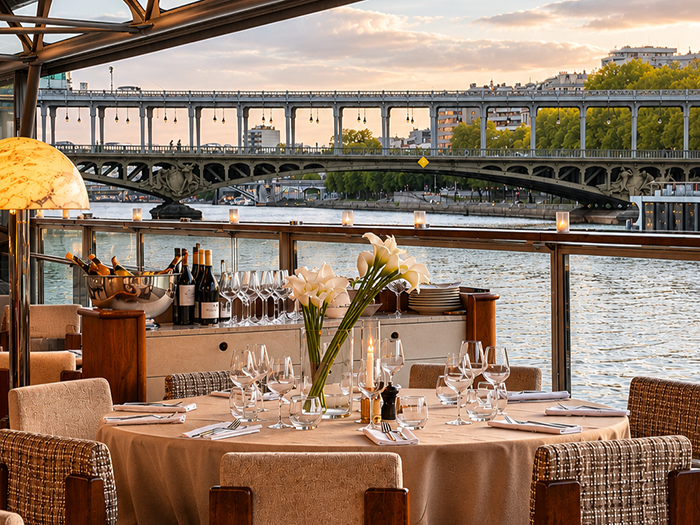 Elegant restaurant by the river with bridge view.
