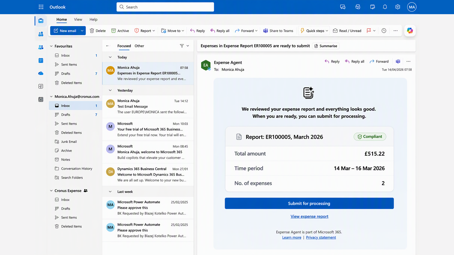 E-Mail-Ansicht von Outlook mit einer Spesenabrechnung.