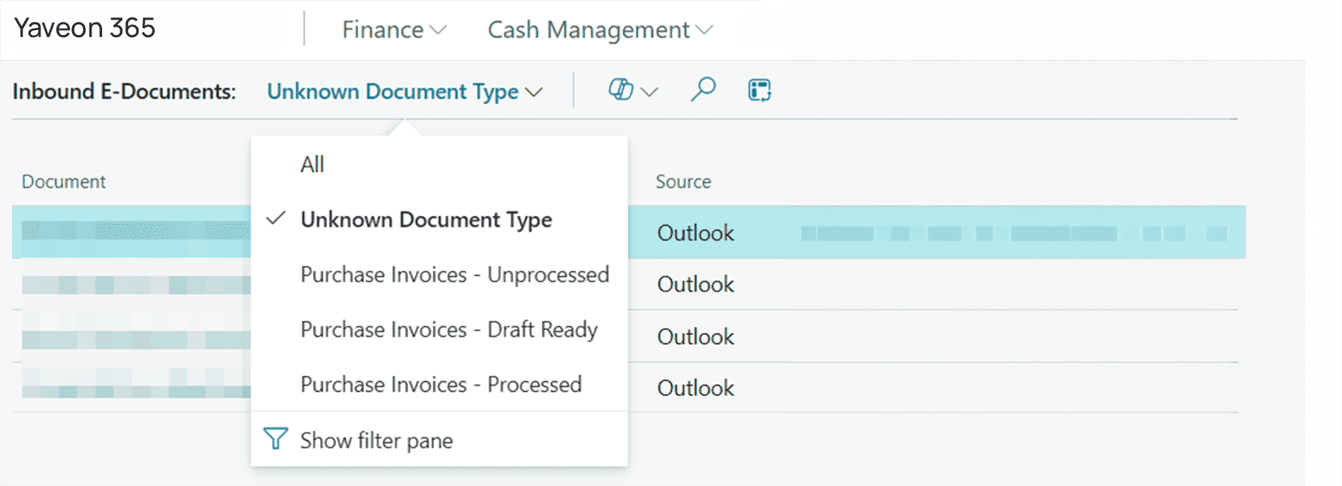 Filter selection for document types in Yaveon 365.