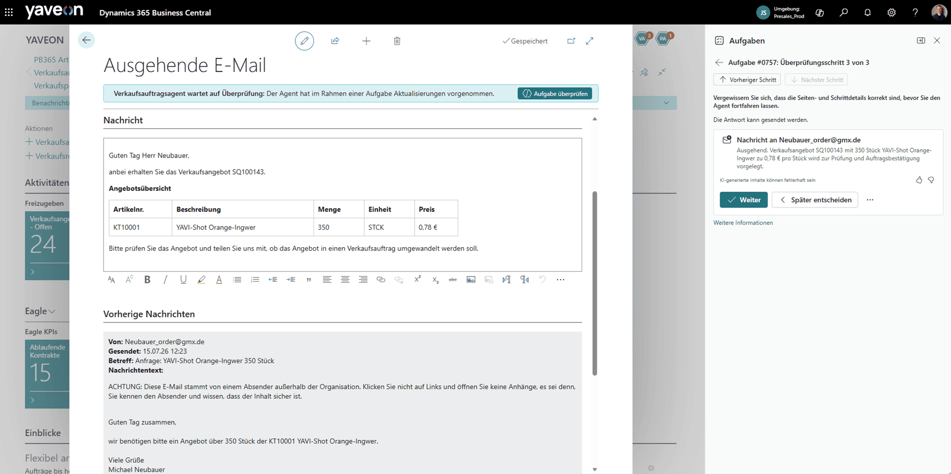 Screenshot Bearbeitung einer ausgehenden Mail mit dem Sales Order Agent