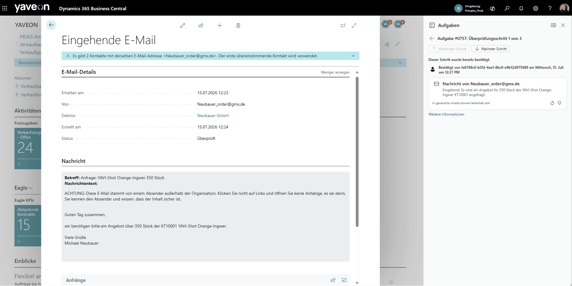 Screenshot Bearbeitung einer eingehenden Mail mit dem Sales Order Agent