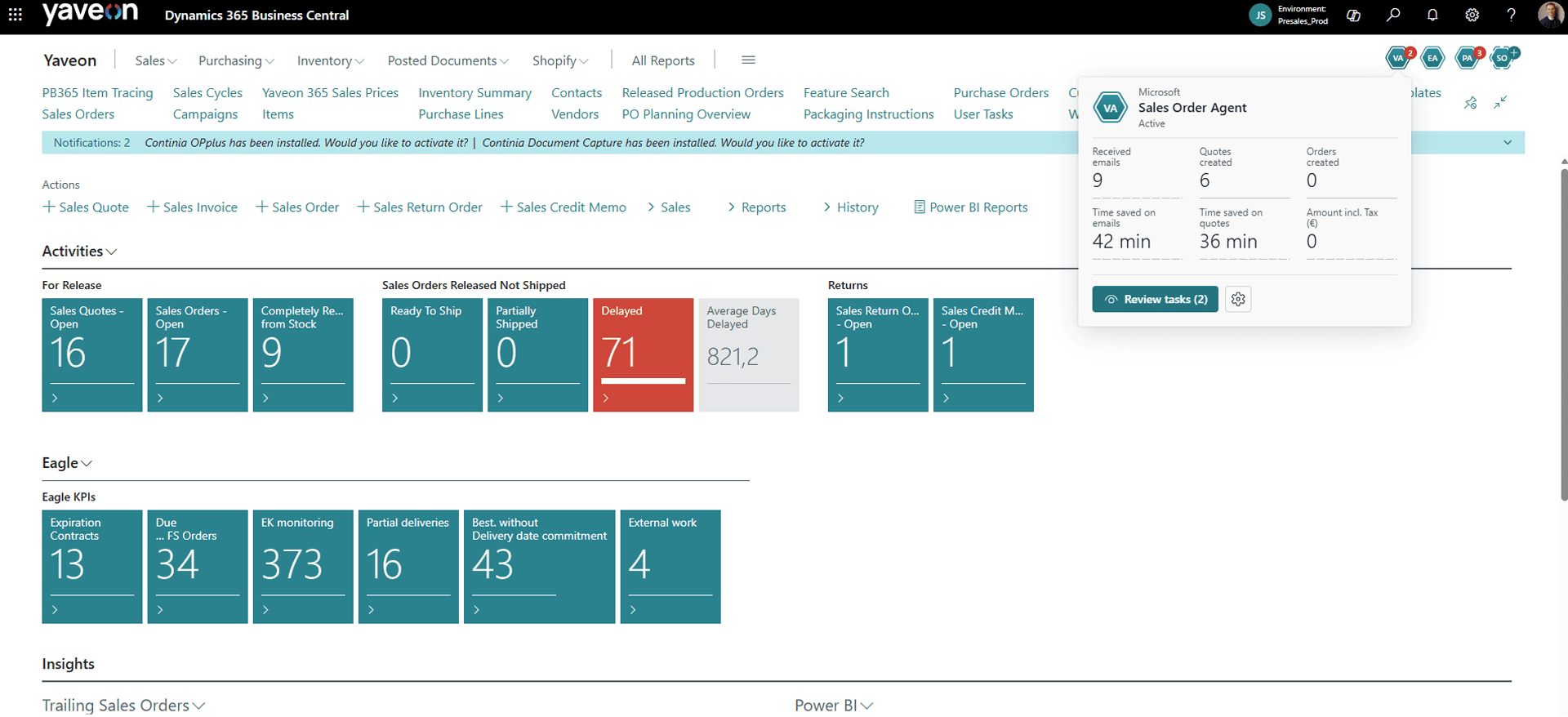 Screenshot aktiver Sales Order Agent in Yaveon 365