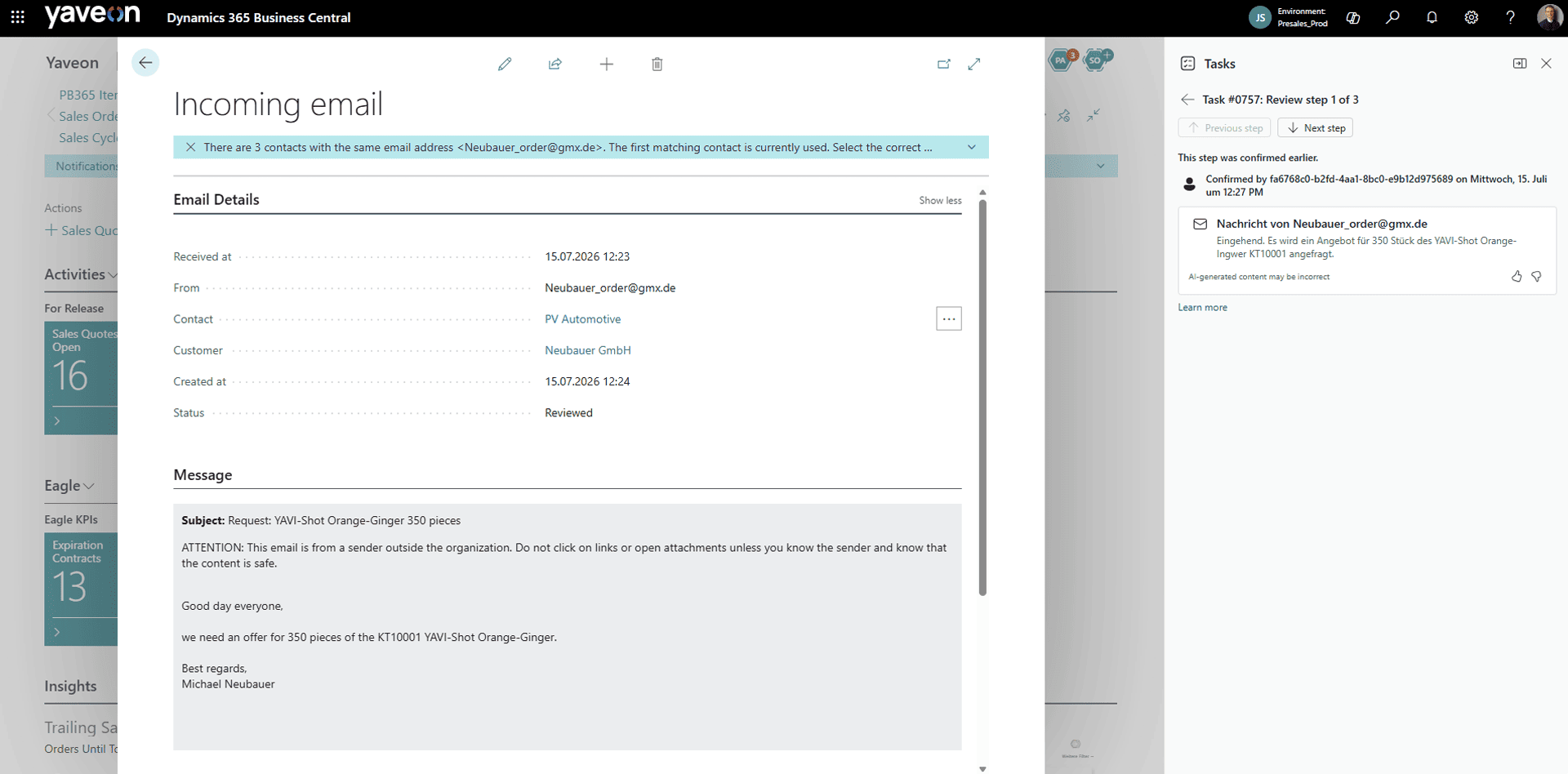 Screenshot Bearbeitung einer eingehenden Mail mit dem Sales Order Agent
