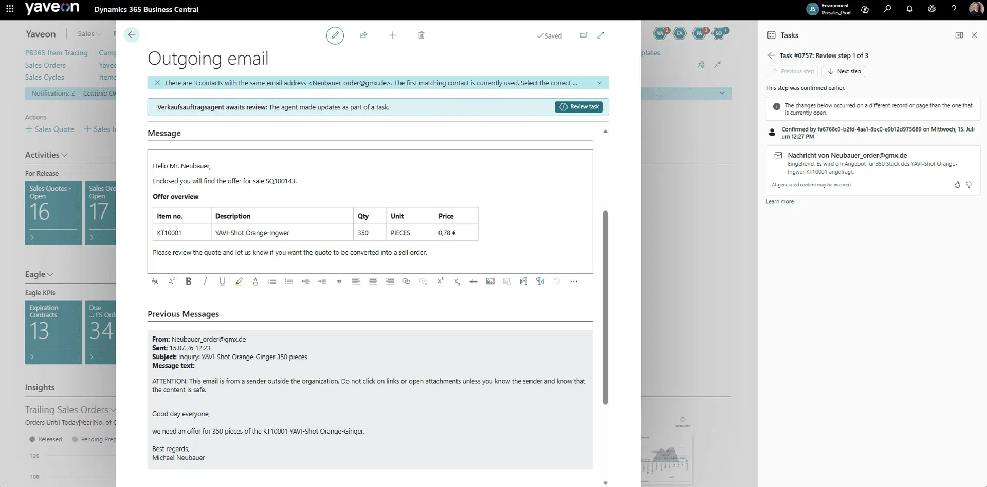 Screenshot Bearbeitung einer ausgehenden Mail mit dem Sales Order Agent