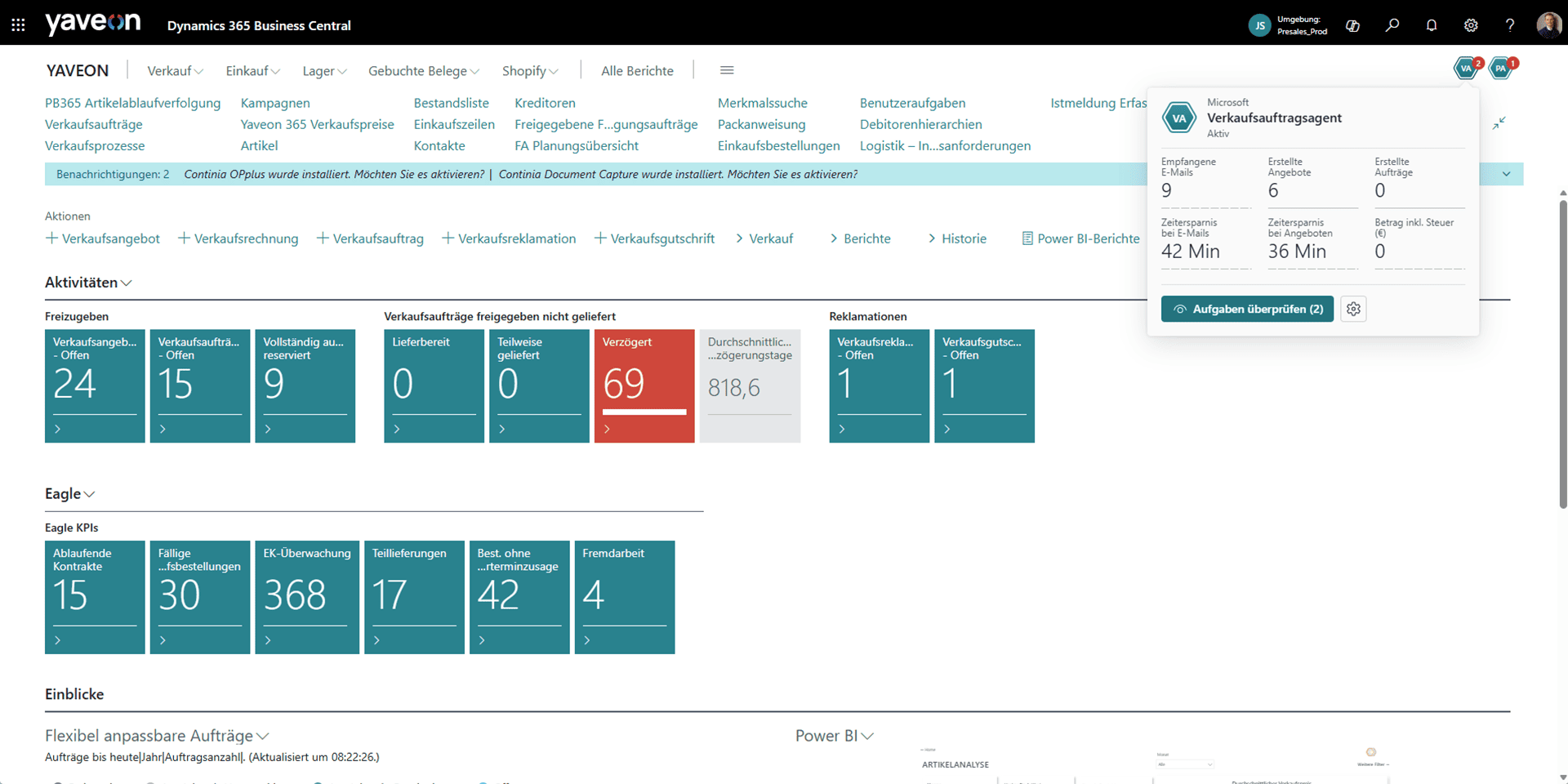 Screenshot aktiver Sales Order Agent in Yaveon 365