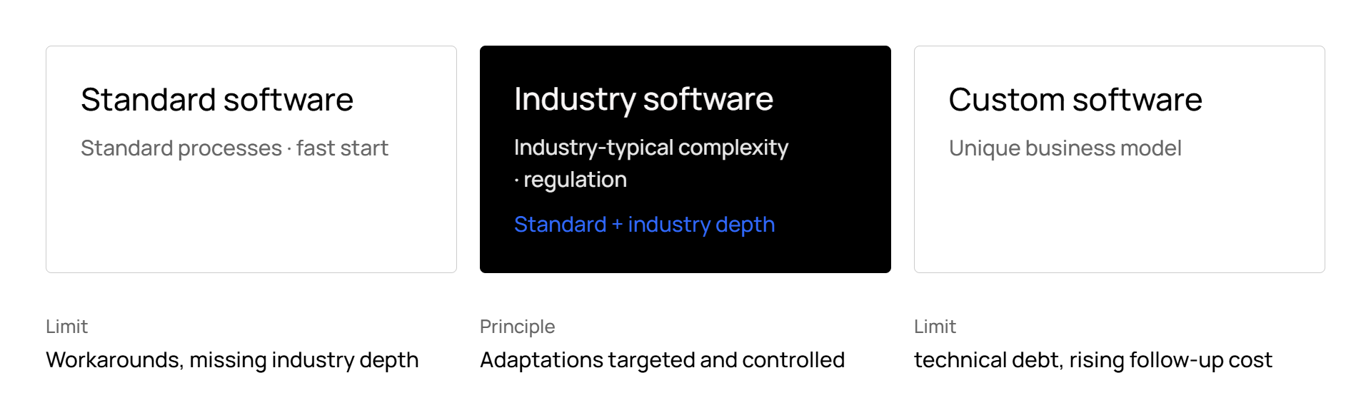 Comparison of standard, industry-specific, and custom software.