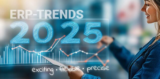 Text ERP trends for 2025 above an animated diagram
